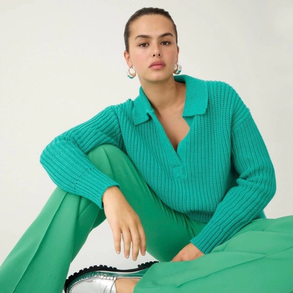 J CREW Ribbed cotton johnny-collar sweater-polo Women's Green Heavy Knit